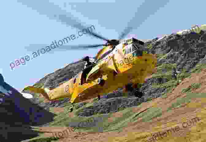 A Royal Air Force Search And Rescue Helicopter Hovering Over Rough Terrain, Preparing To Land. The Official Illustrated History Of RAF Search And Rescue